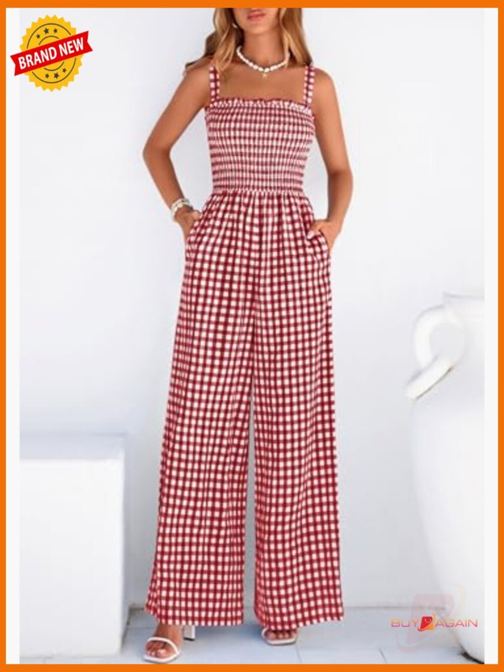 Womens Gingham Jumpsuit Square Neck Smocked Bodice Wide Leg Romper - Picture 6 of 7
